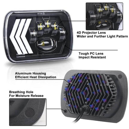 Jeep Wrangler 5x7 Inch Red Background LED Square Headlamp front and rear view with 4D projector lens, tough PC lens, aluminum housing, moisture vent