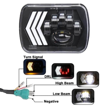 Jeep Wrangler 5x7 Inch Red Background LED Square Headlamp close-up showing DRL, turn signal, high beam and low beam functions