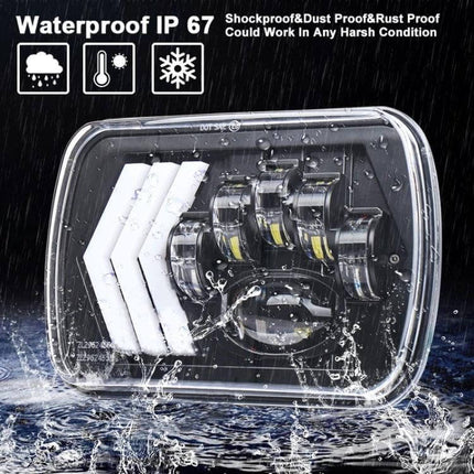 Jeep Wrangler 5x7 Inch Red Background LED Square Headlamp shown wet to highlight waterproof IP67 durability and bright LED beam