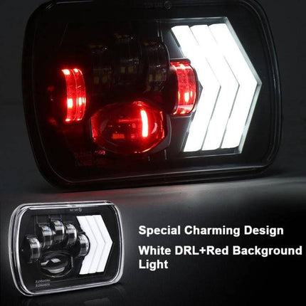Jeep Wrangler 5x7 Inch Red Background LED Square Headlamp - red background housing, white DRL arrow, bright on-road illumination