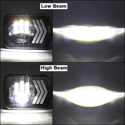Jeep Wrangler 5x7 Inch Red Background LED Square Headlamp showing low beam and high beam light patterns side-by-side