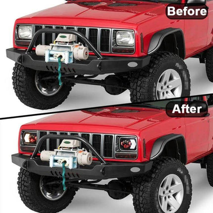 Jeep Wrangler 5x7 Inch Red Background LED Square Headlamp installed on red Jeep Wrangler showing before and after headlight upgrade