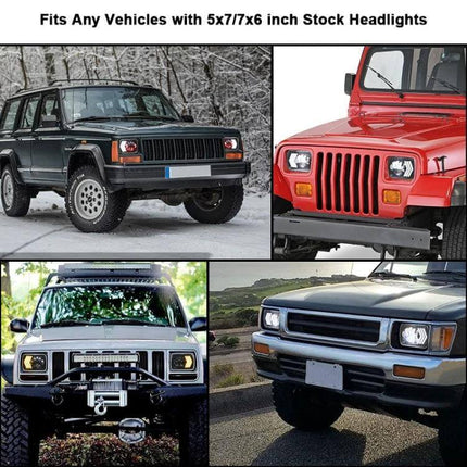 Jeep Wrangler 5x7 Inch Red Background LED Square Headlamp shown installed on multiple vehicles including Jeep Wrangler and trucks