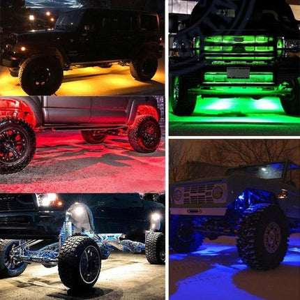 Universal Car Chassis Atmosphere Lights For Interior Ambience — under-car LED chassis lights showing yellow, red, green and blue ambient glow