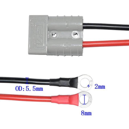 Anderson Plug to O Shape Terminal Booster Cable 0.5m showing grey Anderson connector and red/black O-shaped ring terminals with dimensions