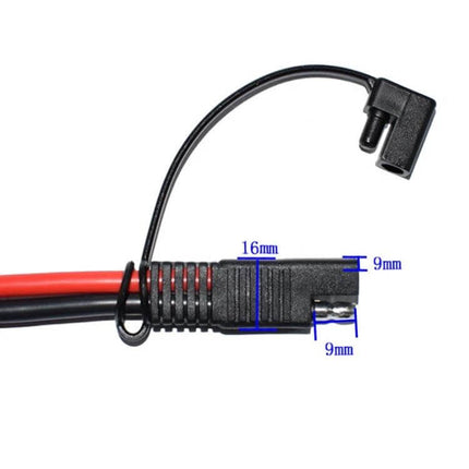MC4 to SAE Solar Power Cord for PV Panels, 0.35m Length - close-up of black SAE plug with red/black wires and measurements