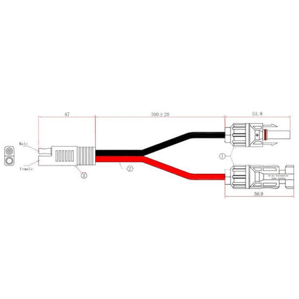 MC4 to SAE Solar Power Cord for PV Panels, 0.35m Length - diagram showing MC4 connectors to SAE plug with red and black leads and measurements