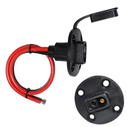 SAE Chassis Prefabricated Power Cord With Dust Cover 0.3m - 0.3m red lead, chassis mount connector with protective dust cap, compact 36V hookup