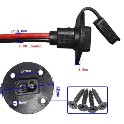 SAE Chassis Prefabricated Power Cord With Dust Cover 0.3m shown with 0.3m lead, dust cap, mounting flange and screws for compact 36V systems
