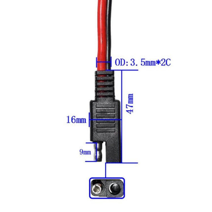 SAE Extension Cable for Dual Car Power Connections and Charging, 0.3m 36V 20A SAE connector with red/black wires and dimensions