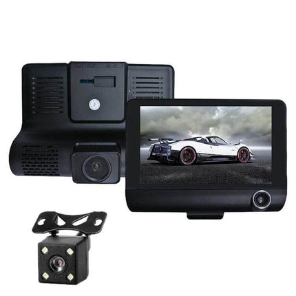 Car Dash Cam with 170-Degree Wide Angle for Road Safety dual camera system with 4-inch display showing rearview while reversing