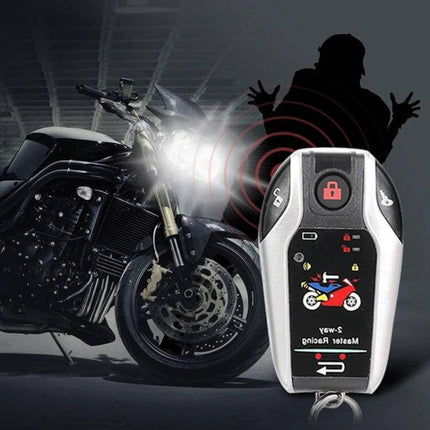 Universal Bidirectional Remote Control Motorcycle Anti-Theft Alarm remote key fob shown with motorcycle and tamper alert signal