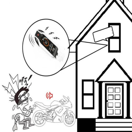 Universal Bidirectional Remote Control Motorcycle Anti-Theft Alarm showing remote alerting homeowner to motorcycle tampering