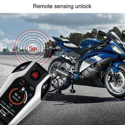 Universal Bidirectional Remote Control Motorcycle Anti-Theft Alarm showing remote and blue sportbike with 5m sensing range