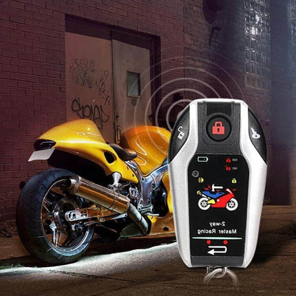 Universal Bidirectional Remote Control Motorcycle Anti-Theft Alarm showing remote fob with yellow sportbike in urban night setting