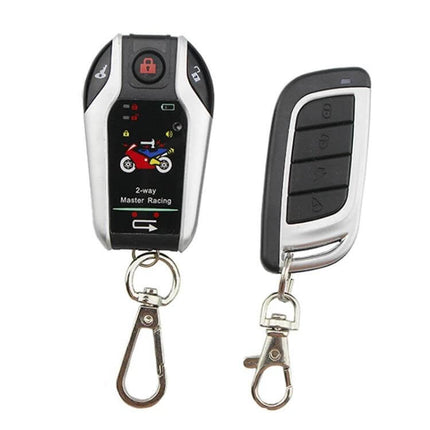 Universal Bidirectional Remote Control Motorcycle Anti-Theft Alarm remote key fob set showing 2-way display and buttons for theft alerts