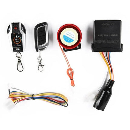 Universal Bidirectional Remote Control Motorcycle Anti-Theft Alarm with two remotes, wiring harness, siren and control module