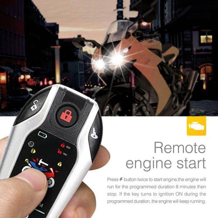 Universal Bidirectional Remote Control Motorcycle Anti-Theft Alarm remote key fob with motorcycle in dimly lit street, showing alert and engine start features