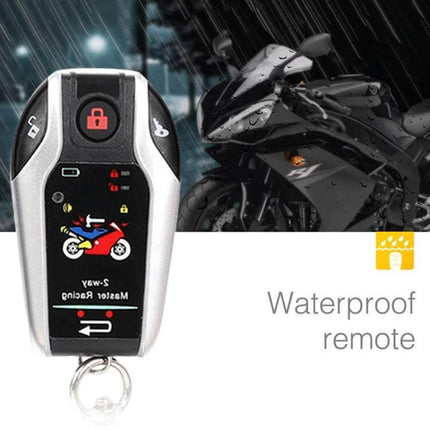 Universal Bidirectional Remote Control Motorcycle Anti-Theft Alarm waterproof remote key fob displayed with sport motorcycle in rain