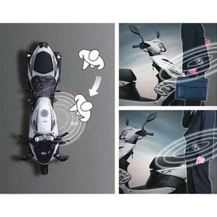 Universal Bidirectional Remote Control Motorcycle Anti-Theft Alarm showing range alert and tamper detection for parked scooter