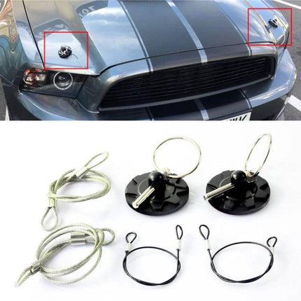 Aluminum Punch-Free Universal Car Engine Hood Lock Cover installed on sports car hood showing adhesive lock and cables