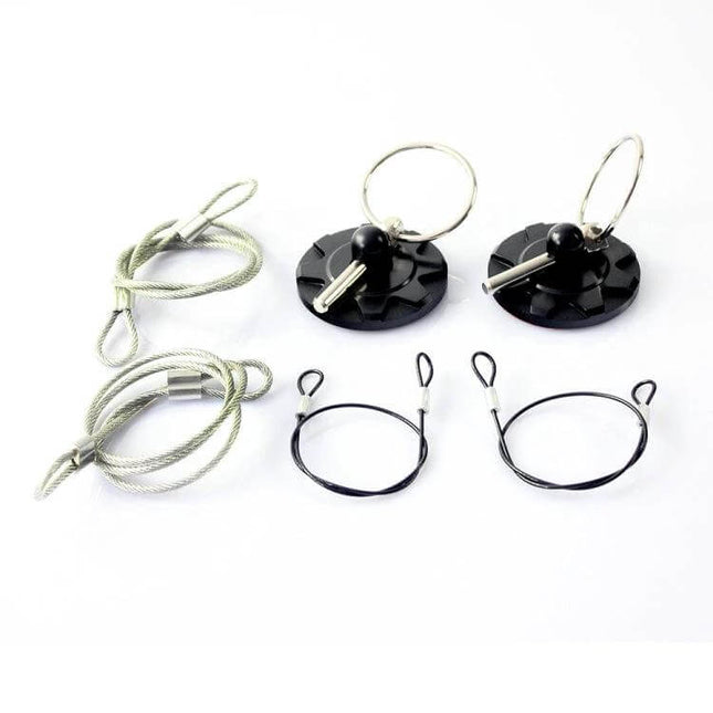 Aluminum Punch-Free Universal Car Engine Hood Lock Cover showing two black adhesive mounts with safety pins and steel security cables