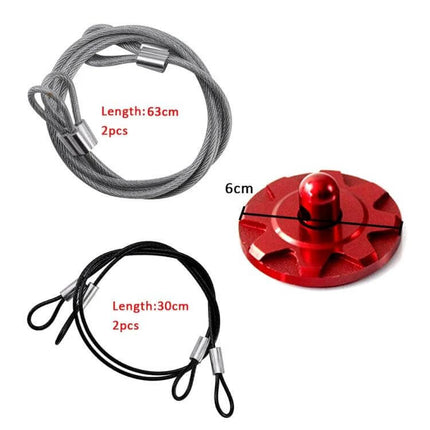 Aluminum Punch-Free Universal Car Engine Hood Lock Cover shown with red aluminum lock cap and steel cable loops (63cm and 30cm)