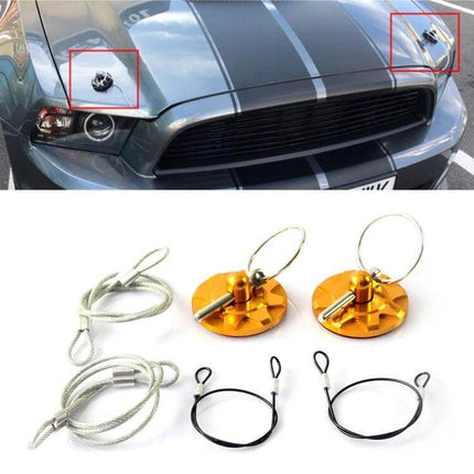 Aluminum Punch-Free Universal Car Engine Hood Lock Cover on gray sports car hood with gold lock kit