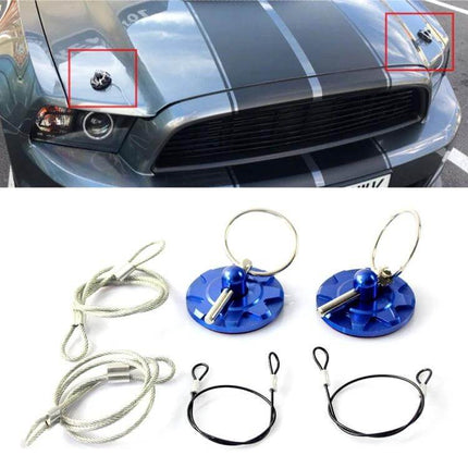 Aluminum Punch-Free Universal Car Engine Hood Lock Cover shown installed on sports car hood with adhesive quick-release pins