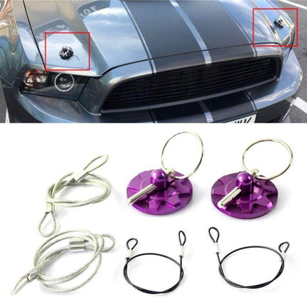Aluminum Punch-Free Universal Car Engine Hood Lock Cover on gray sports car with purple hood pins and cables