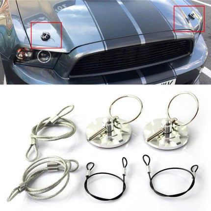 Aluminum Punch-Free Universal Car Engine Hood Lock Cover installed on sports car hood with cables and anchors
