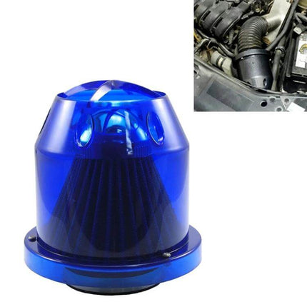 Car Universal 76mm Intake Filter Mushroom Head High Flow blue mushroom-style high-flow intake filter installed in engine bay