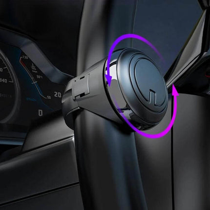 Universal Car Steering Wheel Spinner Knob 360 Degree Rotation Aid, 3R-2251 mounted on steering column showing 360° rotation, plastic and metal bearing, compact 63x50x22mm