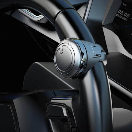 Universal Car Steering Wheel Spinner Knob 360 Degree Rotation Aid, 3R-2251 mounted on black steering wheel, chrome finish, easy-install, 63x50x22mm