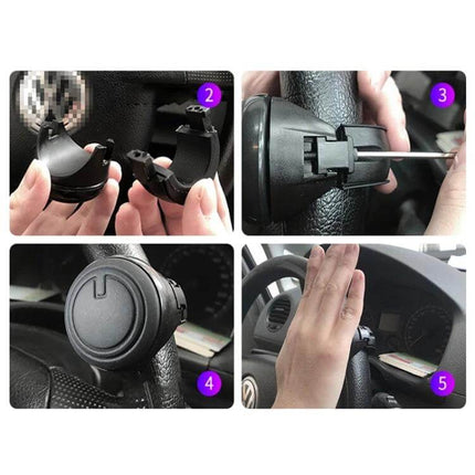 Universal Car Steering Wheel Spinner Knob 360 Degree Rotation Aid, 3R-2251 showing installation steps and mounted knob on steering wheel