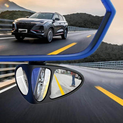 Adjustable Black 3-in-1 Right Side Blind Spot Car Mirror for Visibility showing three-lens view of car tire and pedestrian