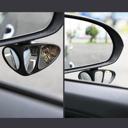 Adjustable Black 3-in-1 Right Side Blind Spot Car Mirror for Visibility mounted on vehicle side mirror showing three-lens view of cyclist and road