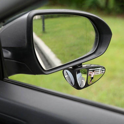 Adjustable Black 3-in-1 Right Side Blind Spot Car Mirror for Visibility mounted on car side mirror showing wide-angle blind spot view