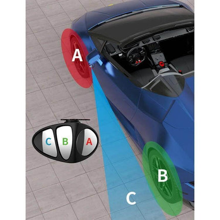 Adjustable 3 in 1 Blind Spot Mirror for Vehicle Left Side showing left-side blind spot zones A B C with high-definition glass lens