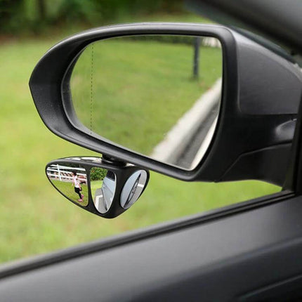 Adjustable 3 in 1 Blind Spot Mirror for Vehicle Left Side mounted under side mirror showing expanded view of blind spot for safer lane changes