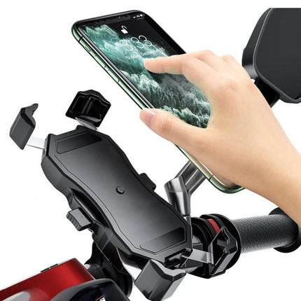 Semi-Automatic Phone Holder for Bicycles and Motorcycles Universal mounted on handlebar holding smartphone with hand tapping screen