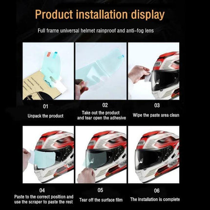 Anti-Fog Shield for Motorcycle Helmets, 24.5x7.5cm Size - installation steps showing unpack, peel adhesive, wipe helmet, apply shield, remove film