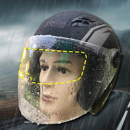 Anti-Fog Shield for Motorcycle Helmets, 24.5x7.5cm Size on wet helmet showing clear, anti-fog visor for rainy rides