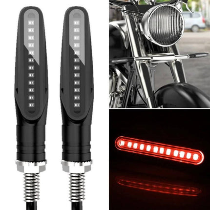 Set of 2 Waterproof LED Turn Signal Lights for Motorcycles mounted on bike, durable ABS acrylic housing, bright red LEDs for rainy conditions