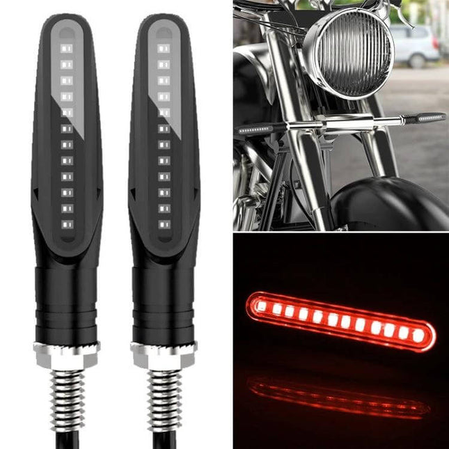 Set of 2 Waterproof LED Turn Signal Lights for Motorcycles mounted on bike, durable ABS acrylic housing, bright red LEDs for rainy conditions