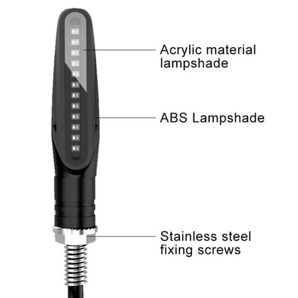 Set of 2 Waterproof LED Turn Signal Lights for Motorcycles - close-up of black LED turn signal with acrylic lampshade, ABS body and stainless steel fixing screws