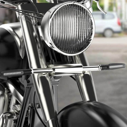 Set of 2 Waterproof LED Turn Signal Lights for Motorcycles mounted on chrome motorcycle front, slim waterproof ABS acrylic design enhancing visibility