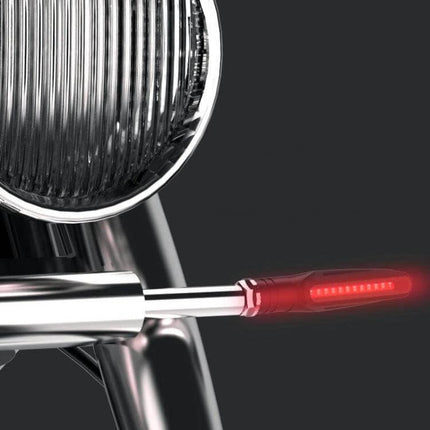 Set of 2 Waterproof LED Turn Signal Lights for Motorcycles mounted on chrome fork showing illuminated red LED in rainproof ABS acrylic housing