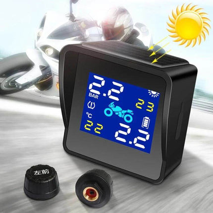 Universal Wireless Solar-Powered Motorcycle Tire Pressure Monitor digital display showing tire pressure and temperature with solar panel and sensor caps