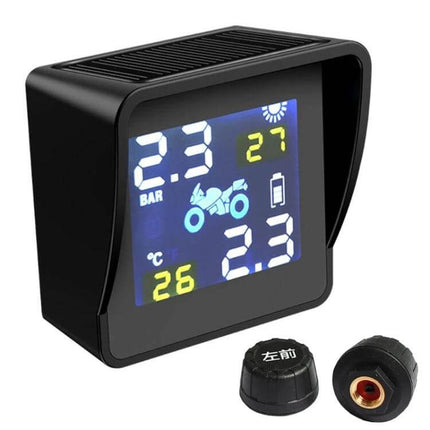 Universal Wireless Solar-Powered Motorcycle Tire Pressure Monitor showing digital display with pressure, temperature readings and two sensor caps
